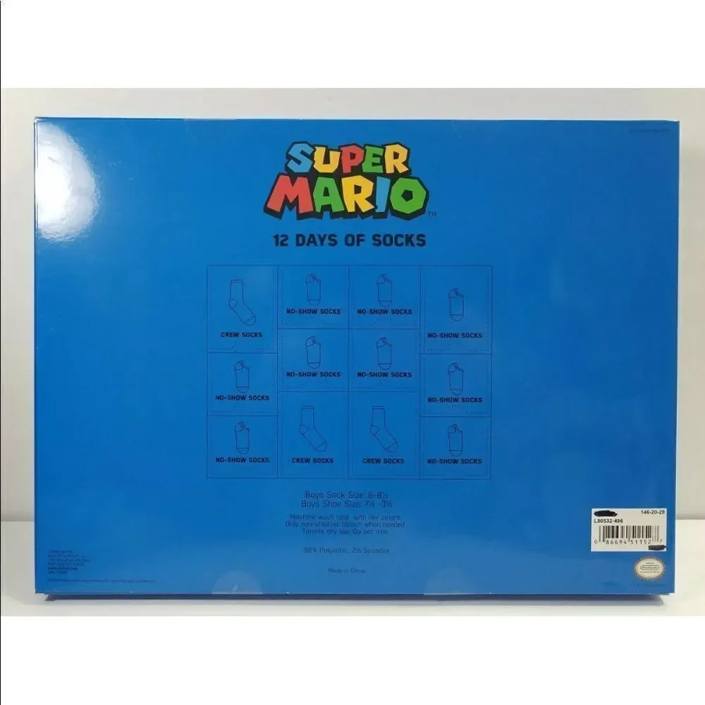 Nintendo Super Mario 12 Days of Socks gift box  Kids 3.5-7.5 Shoe NEW